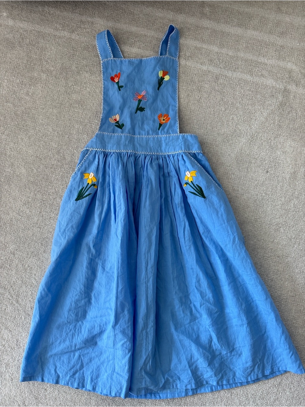 Kidsagogo Blue Embroidered Floral Pinafore Dress Size 5-6 Years Boho Cotton